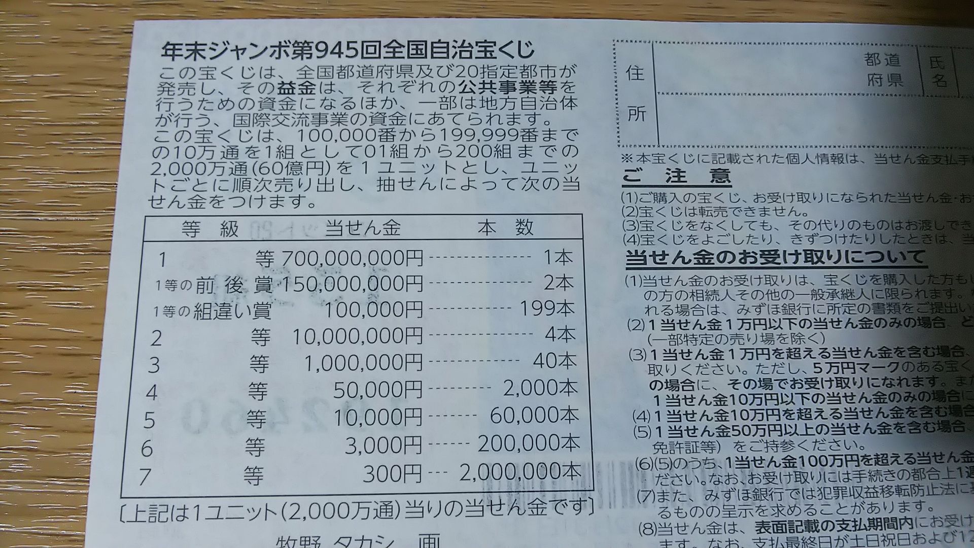 年末ジャンボ宝くじ 第945回 当選番号発表 22年の当選結果は 宝くじ生活